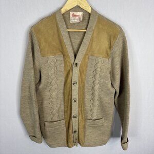 Vintage Caldwell Suede Trim Wool Cardigan Sweater Canada Tan Beige Men L Cable